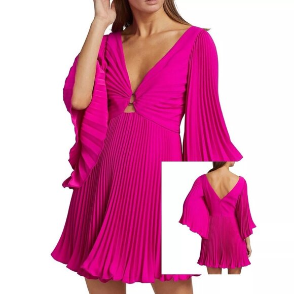 NWT Monique Lhuillier Pleated Crepe Magenta Mini Dress Size 4 Plunge V-neck - Picture 1 of 7